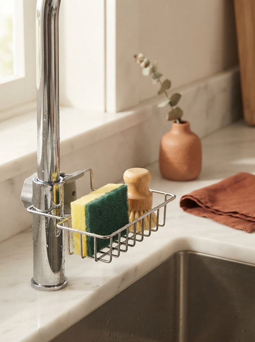 Stainless steel sponge holder attached to a kitchen faucet holding a sponge and scrubber on a white marble sink.